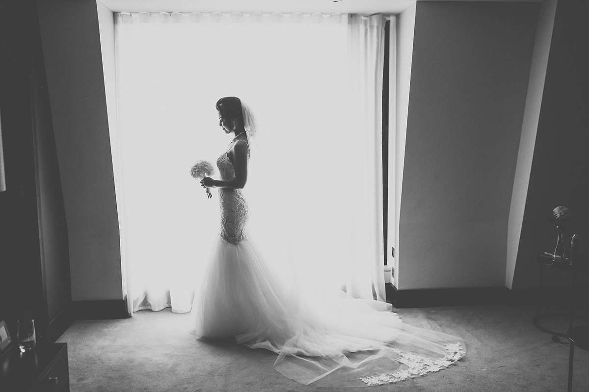 a bride ina window at southbank hotel LOndon