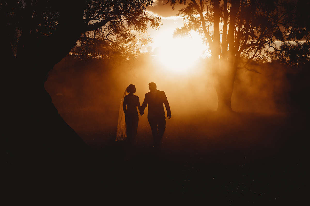 dust and the drought with a bride and groom in the setting sun at willow tree