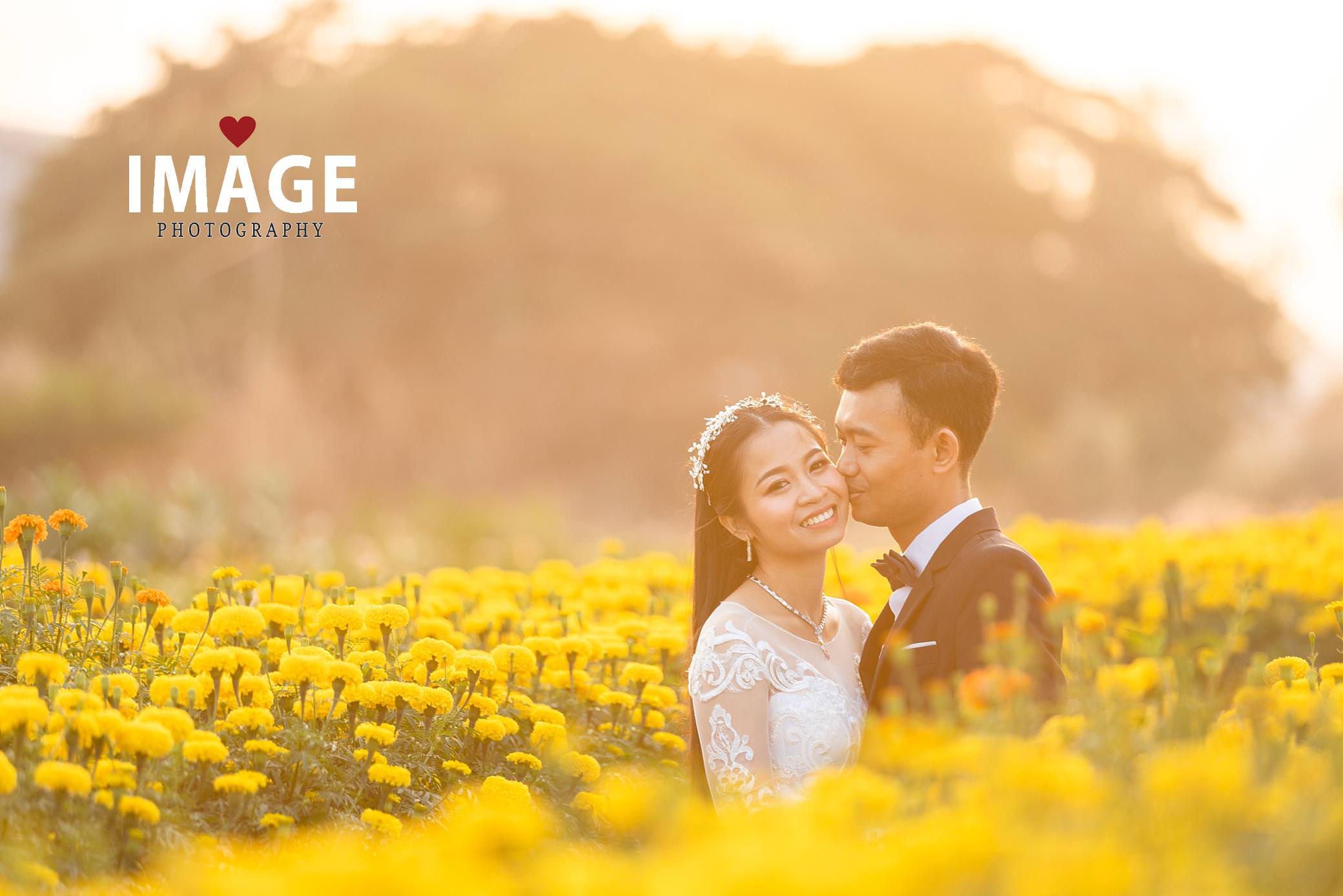 a groom kisses his new wifes cheek as she smiles in a field of yellow flowers in phnom penh