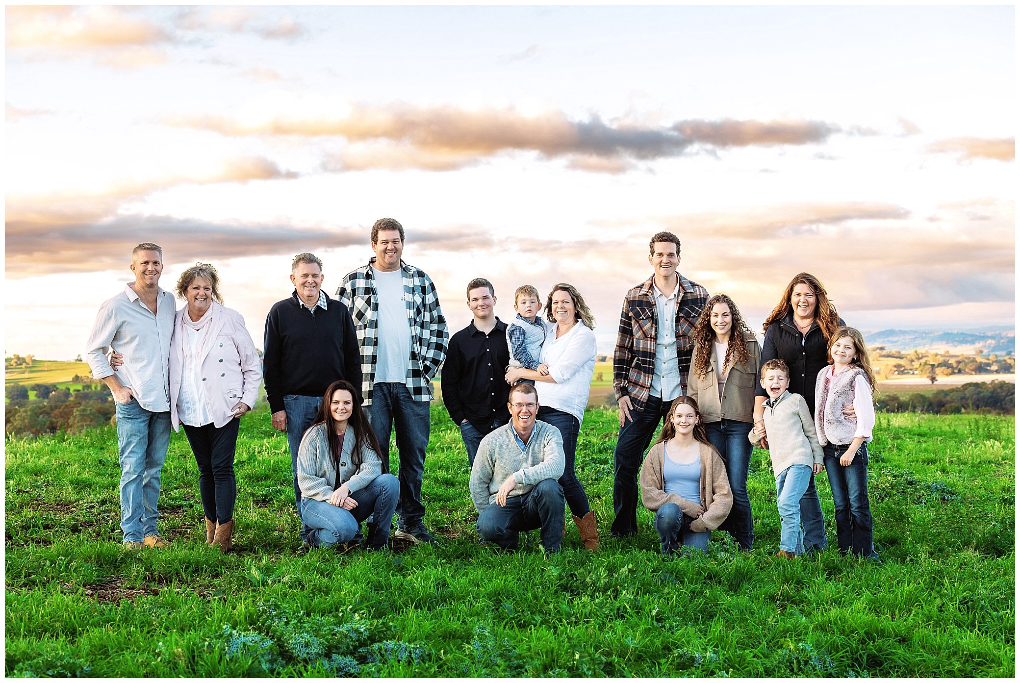 Cowra NSW sunsets and green hills for an extended family portrait session
