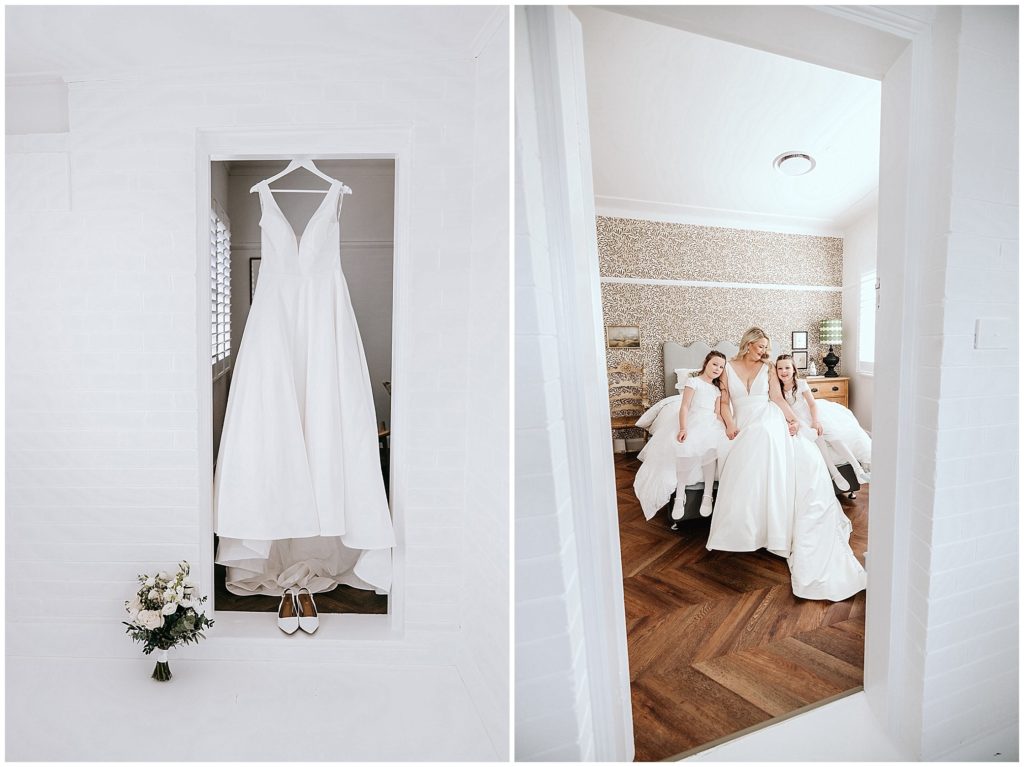 white wedding dress white walls at Querencia Tamworth NSW