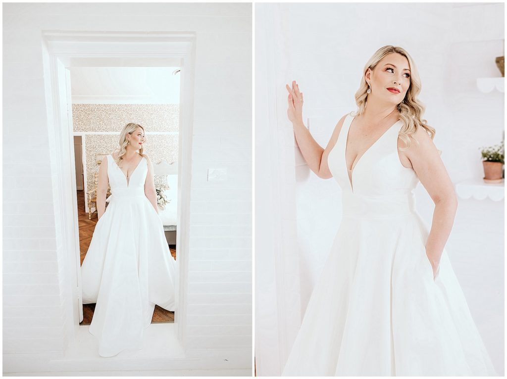 a bride with pockets in her wedding dress poses at Querencia airbnb Tamworth nsw