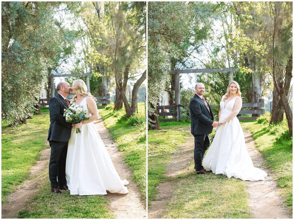 a country road and a bride and groom kiss