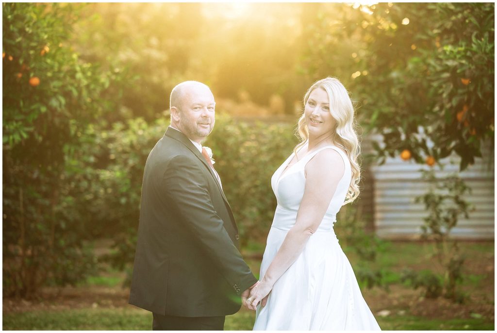 a setting golden sun at the pavillion function centre Tamworth nsw with mandarins and green trees in the background as the sun sets the couple are holding hands