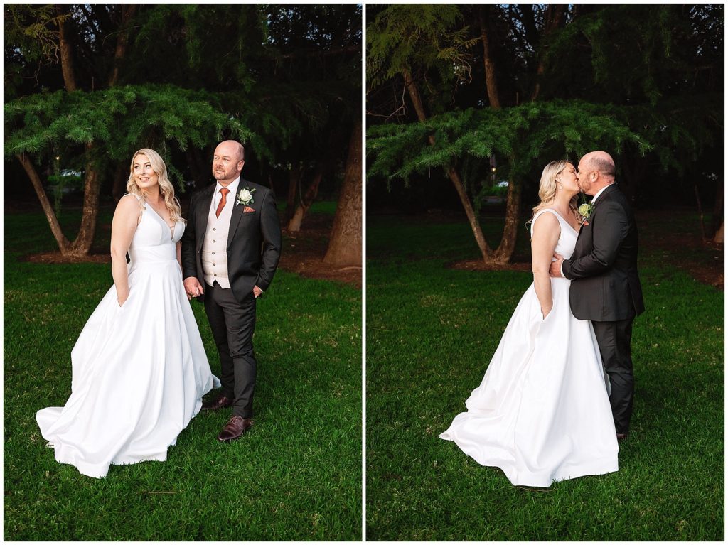 pine trees and hugs for a bride and groom