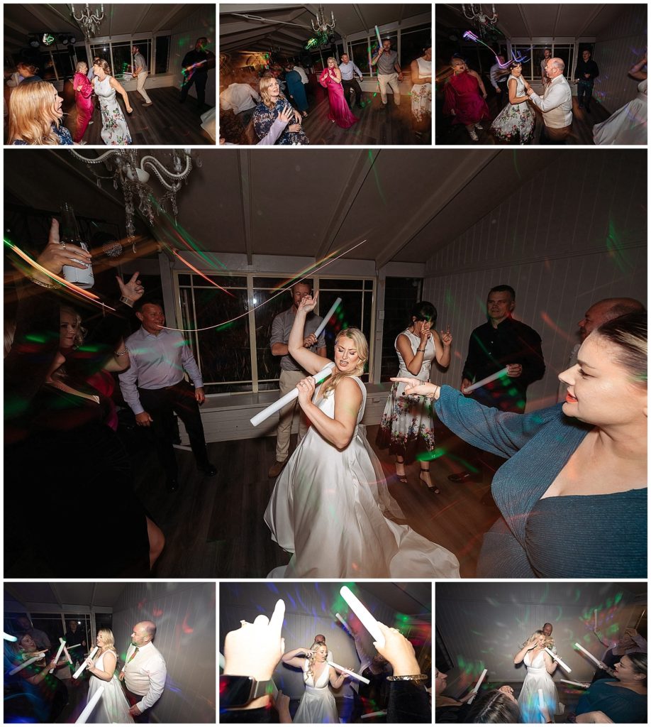 reception dance shots at The pavillion function centre Tamworth. the bride uses her glow stick as a microphone