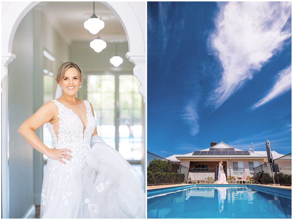 @image photography wedding photographer tamworth bride and blue skies and a pool for getting ready at a stunning house in Moore Creek