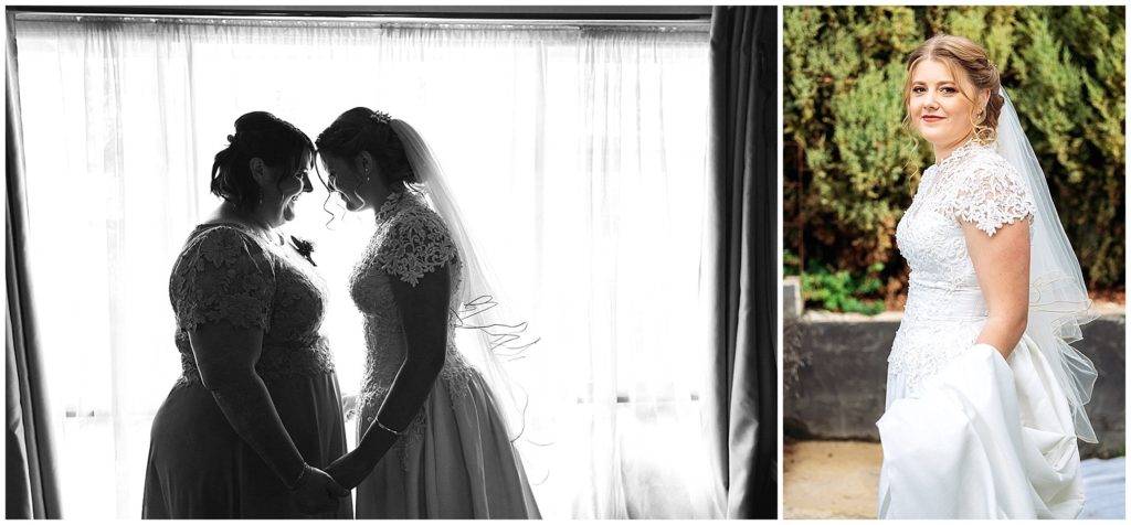 black and white of a bride with her mum in front of a window on her wedding day