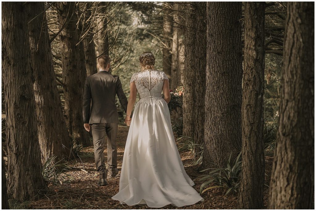 pine trees at rock abbey gardens reception venue near Uralla nsw as a couple walk thru the pine trees
