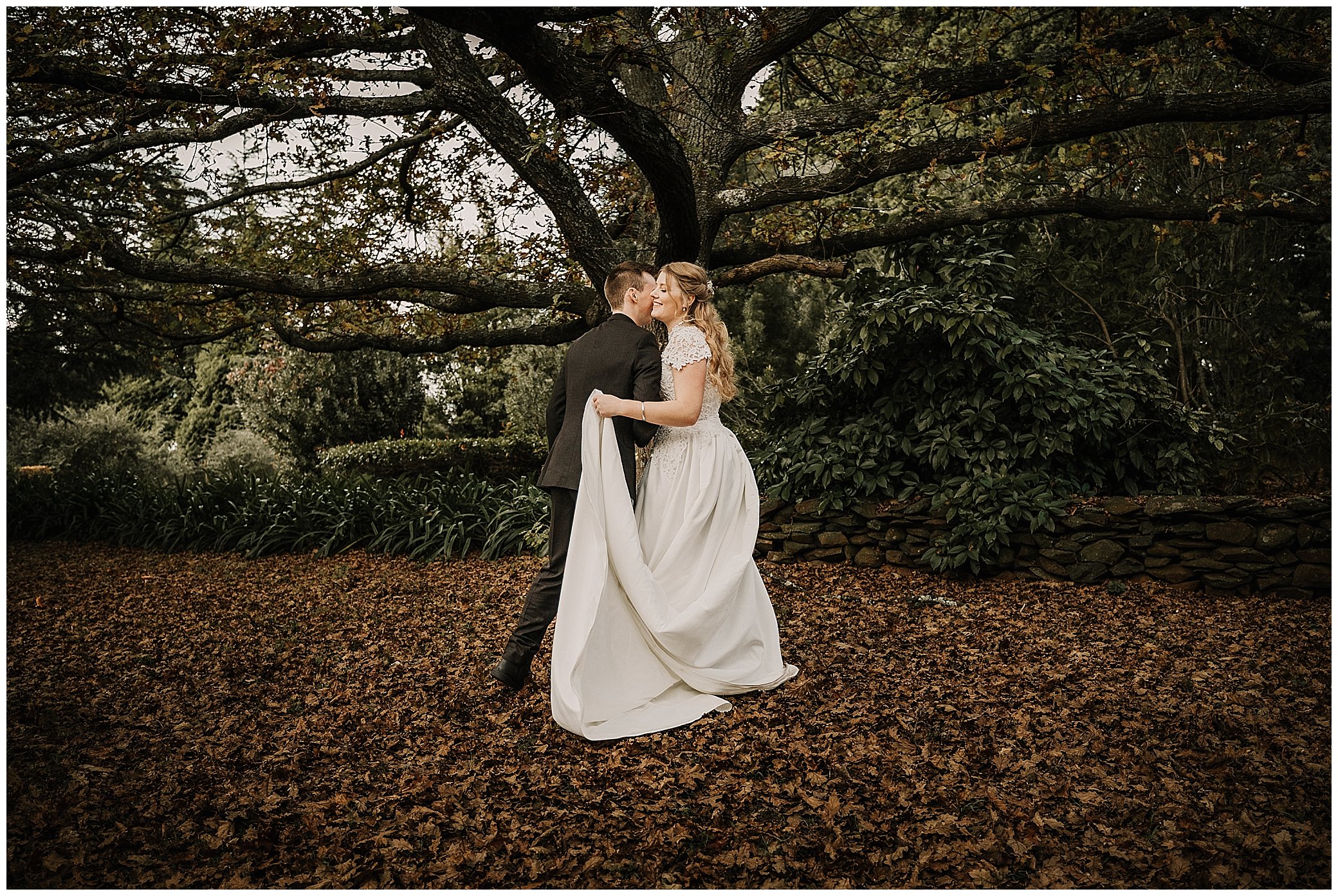 cuddles under a big oak tree at rock abbey gardens Uralla as the bride holds her wedding dres