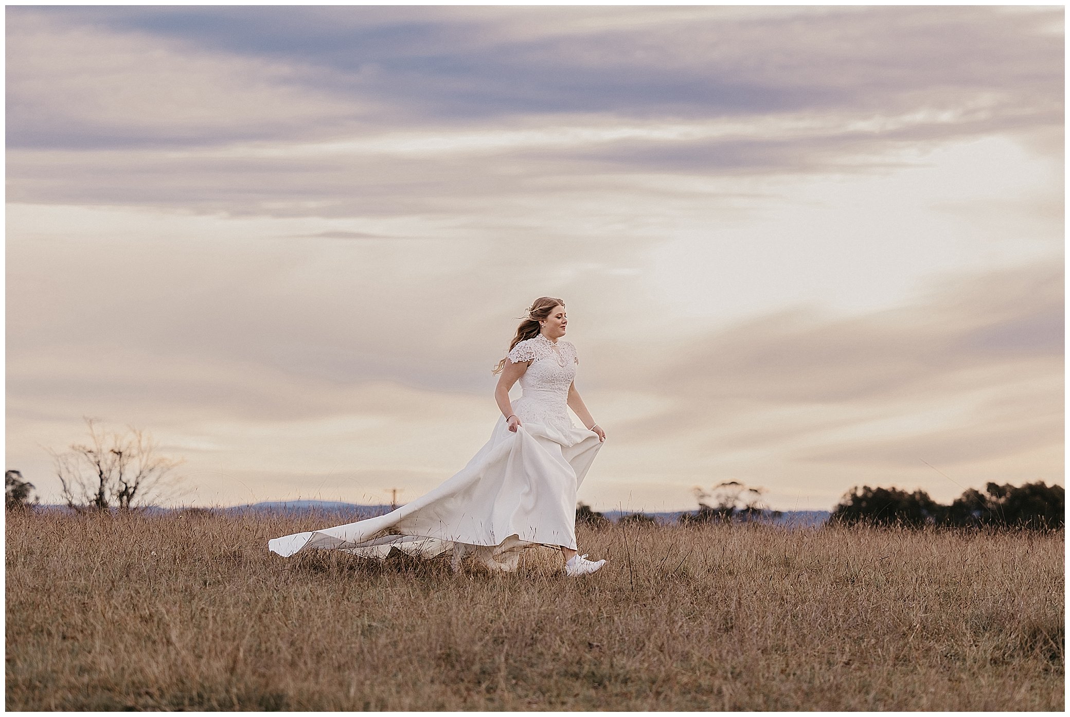 runaway bride woth white converse shoes and amazing sunset at rock abbey garden Uralla