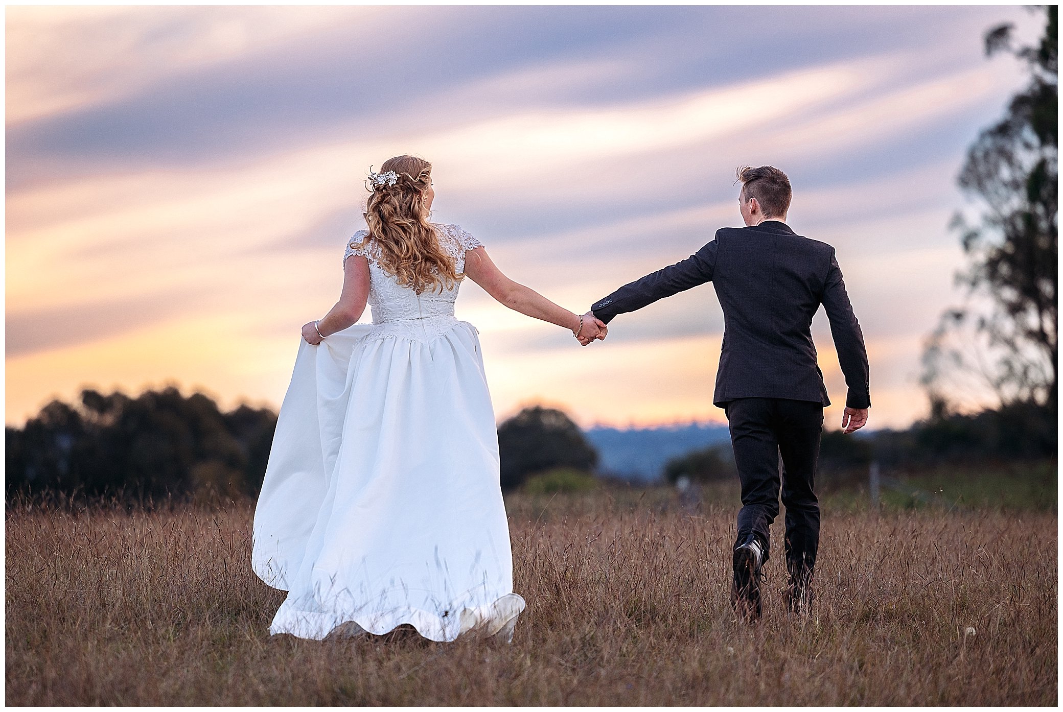 a groom and bride runaway on the property at Rock Abbey Gardens near Armidale NSW