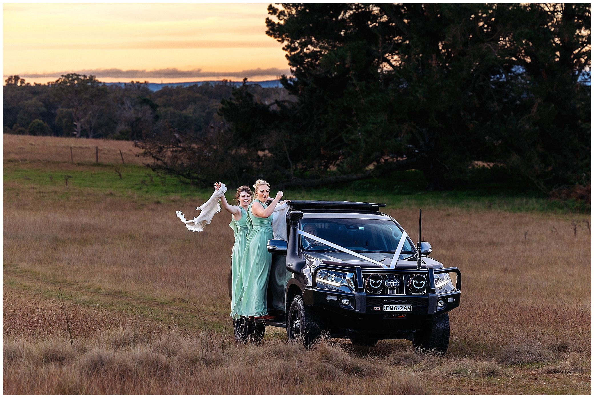 bridemaids riding on a ute