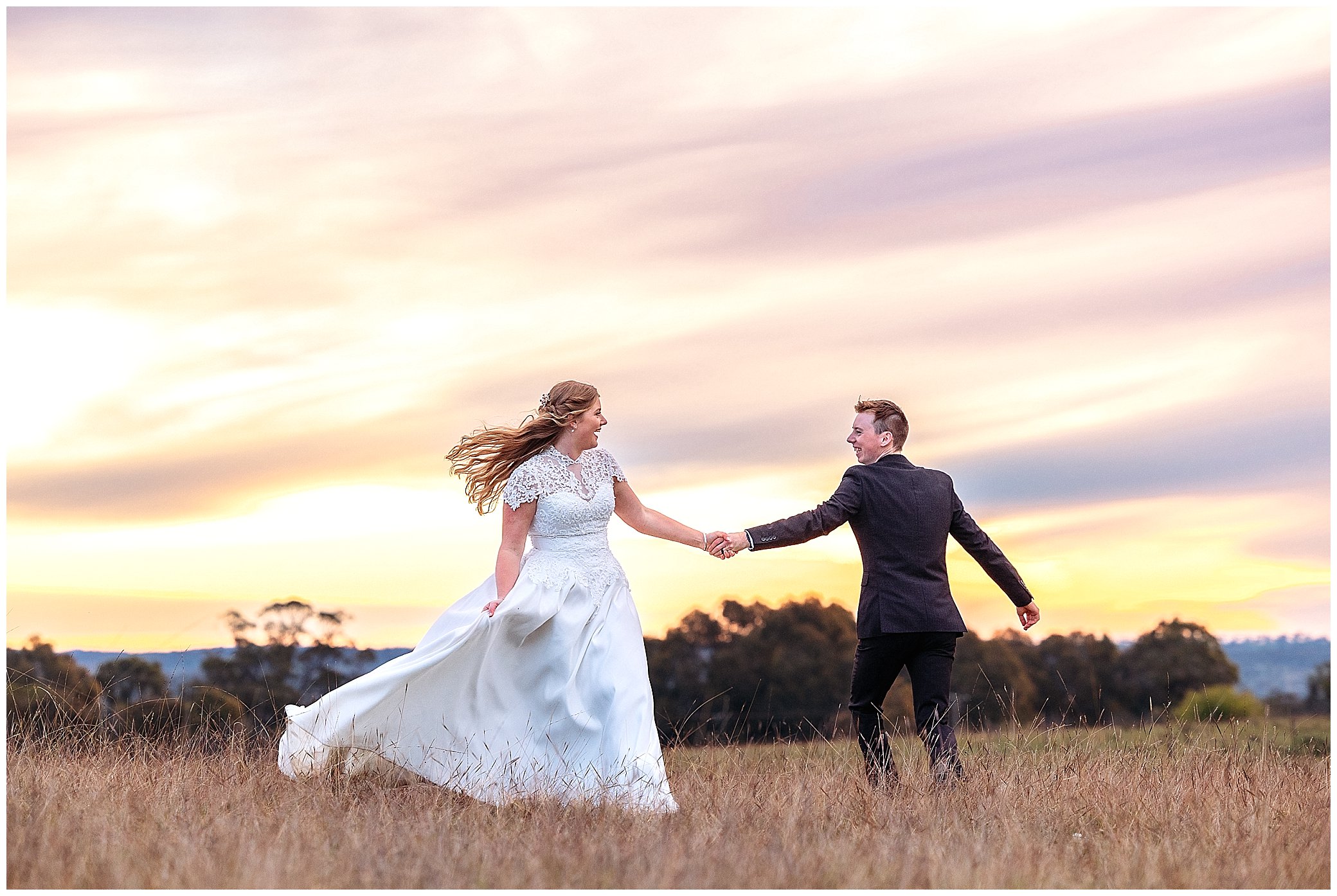 spinning at Rock Abbey Gardens reception a bride and groom spin as the sunsets behind them on a wedding day at Rock