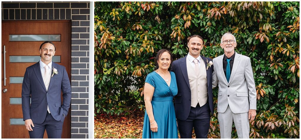 grom and his parents on a wedding day in front of a green vush at Vista view Airbnb