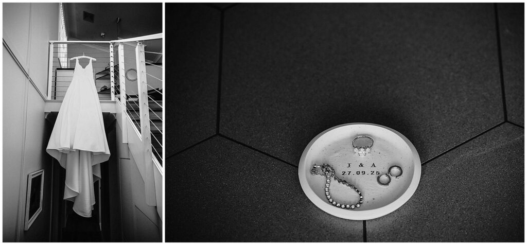 a brides dress & details on an engraved plate with an diamond engagement ring