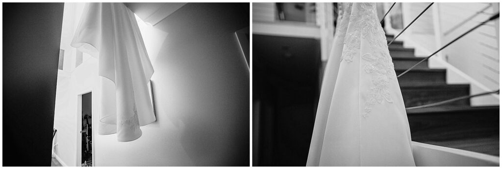 black and white image of a wedding dress hanging up shows lace detail in a east tamworth home NSW