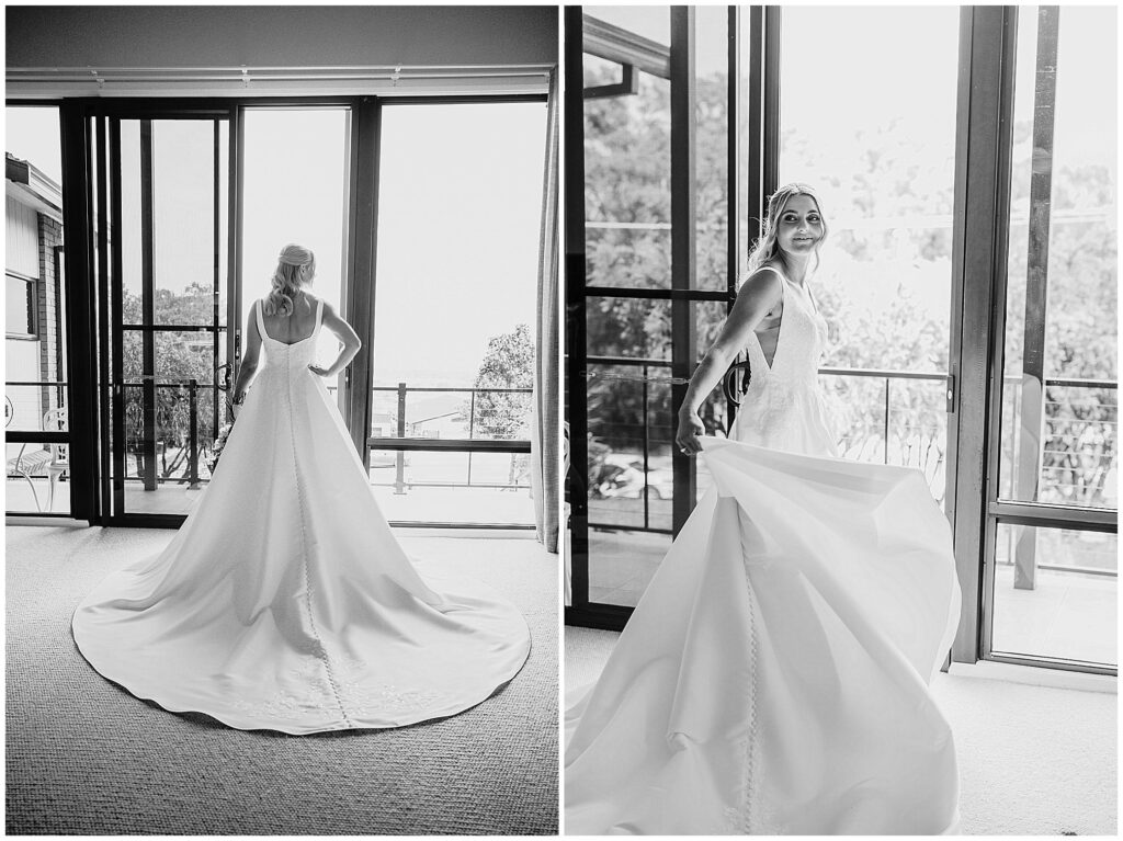 black and white photo of a bride twirling in her East Tamworth home in NSW