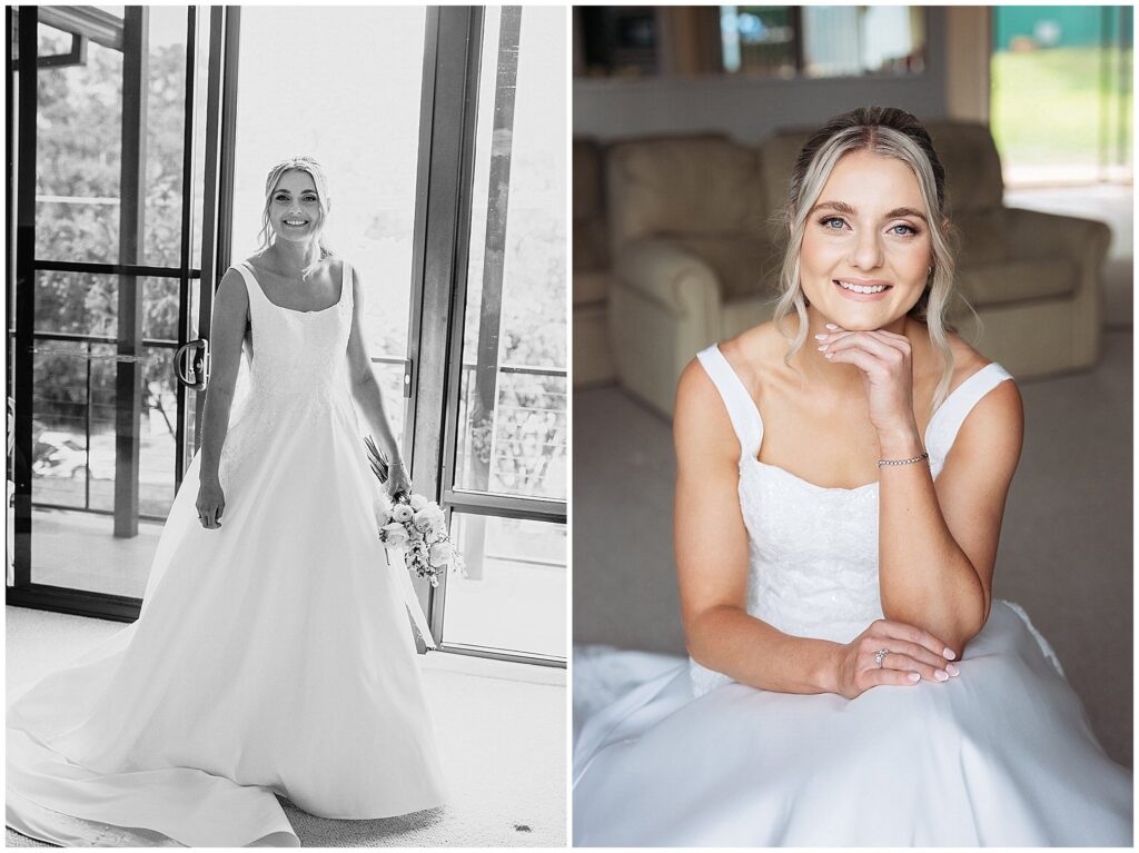 a bride with ehr hand under her chin looks into the camera