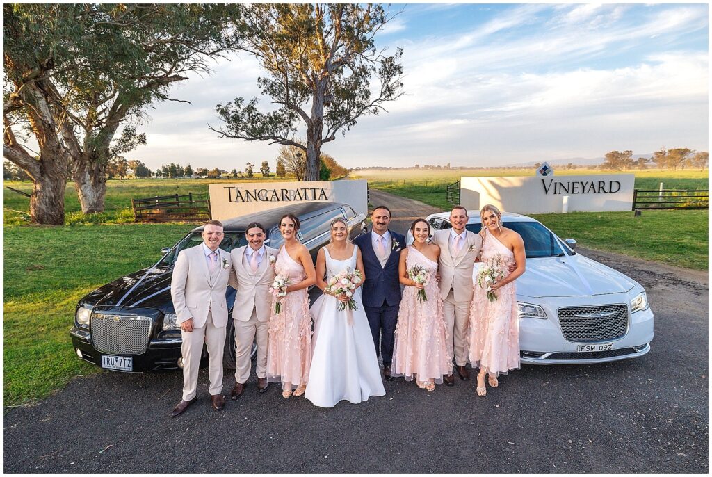 Royal Me Limosines of cessnock and a bridal party at Tangarratta vineyards
