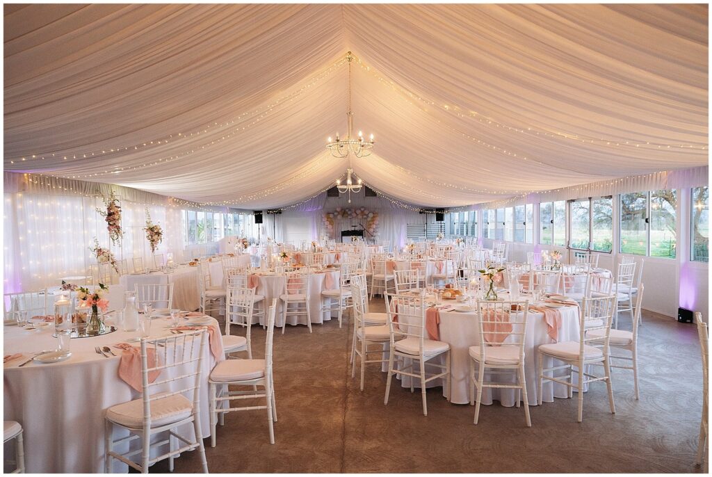the wedding setup on dusty pinks at Tangarratta Vineyards soft lighting